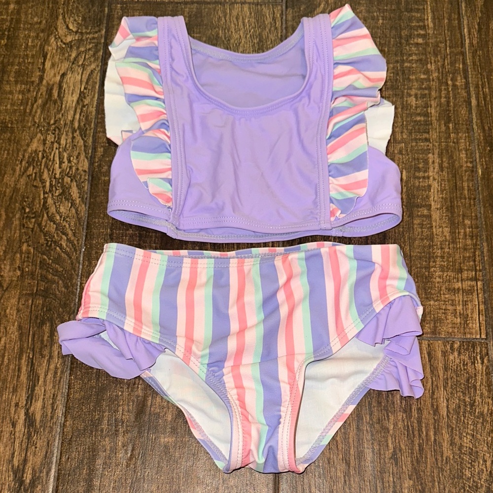Toddler Girls 4T Purple Ruffle Bikini Swimsuit Rainbow Stripe Set